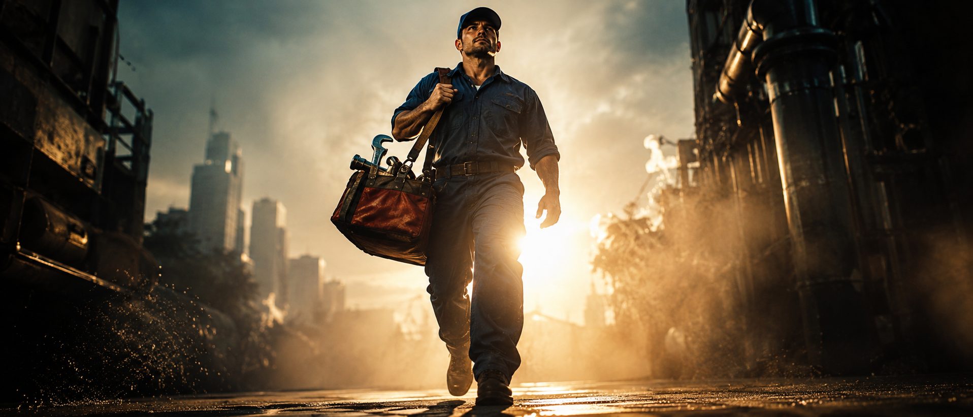 A plumber walking toward camera in dramatic backlight
