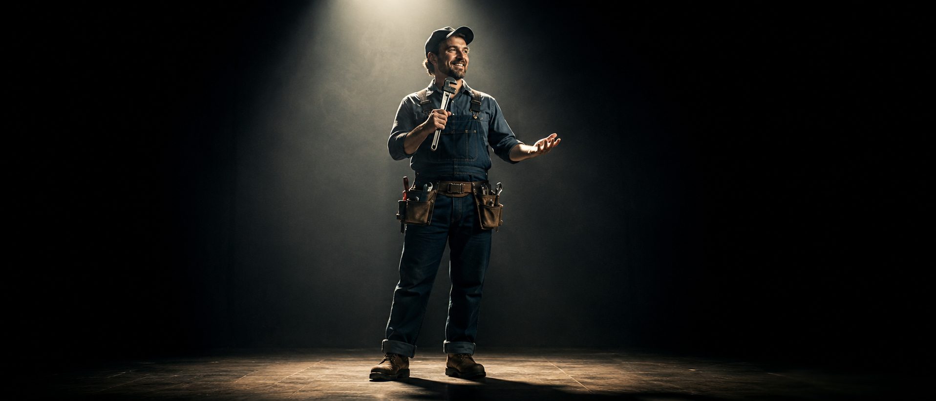 A plumber in a spotlight holding a wrench like a microphone