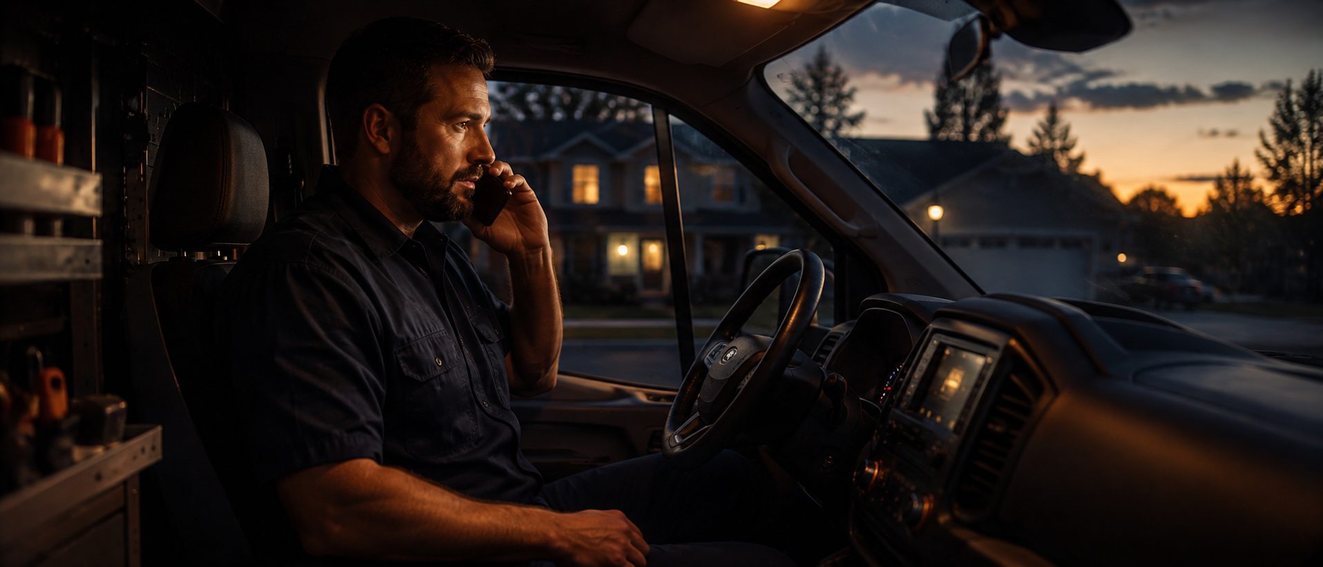 A plumber taking a phone call in his service van at dusk