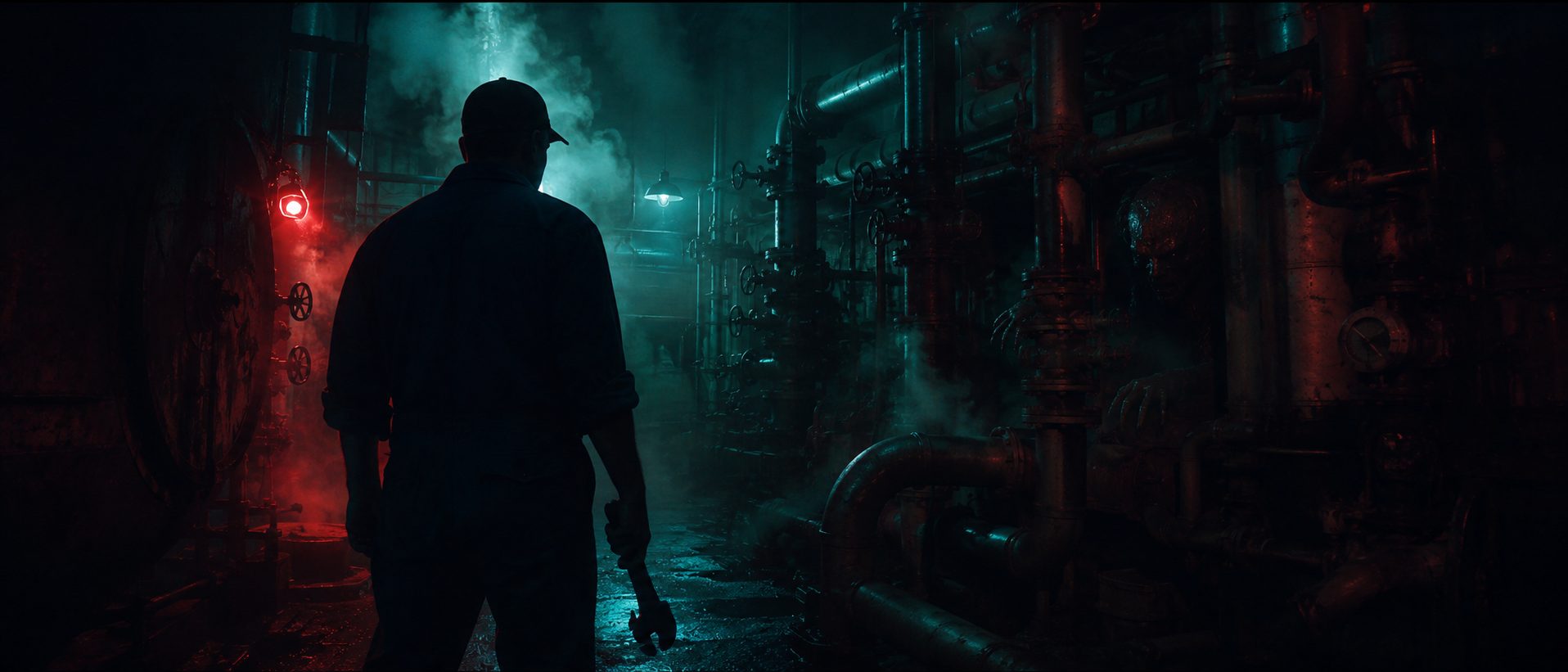 A plumber silhouetted in a dark steaming boiler room
