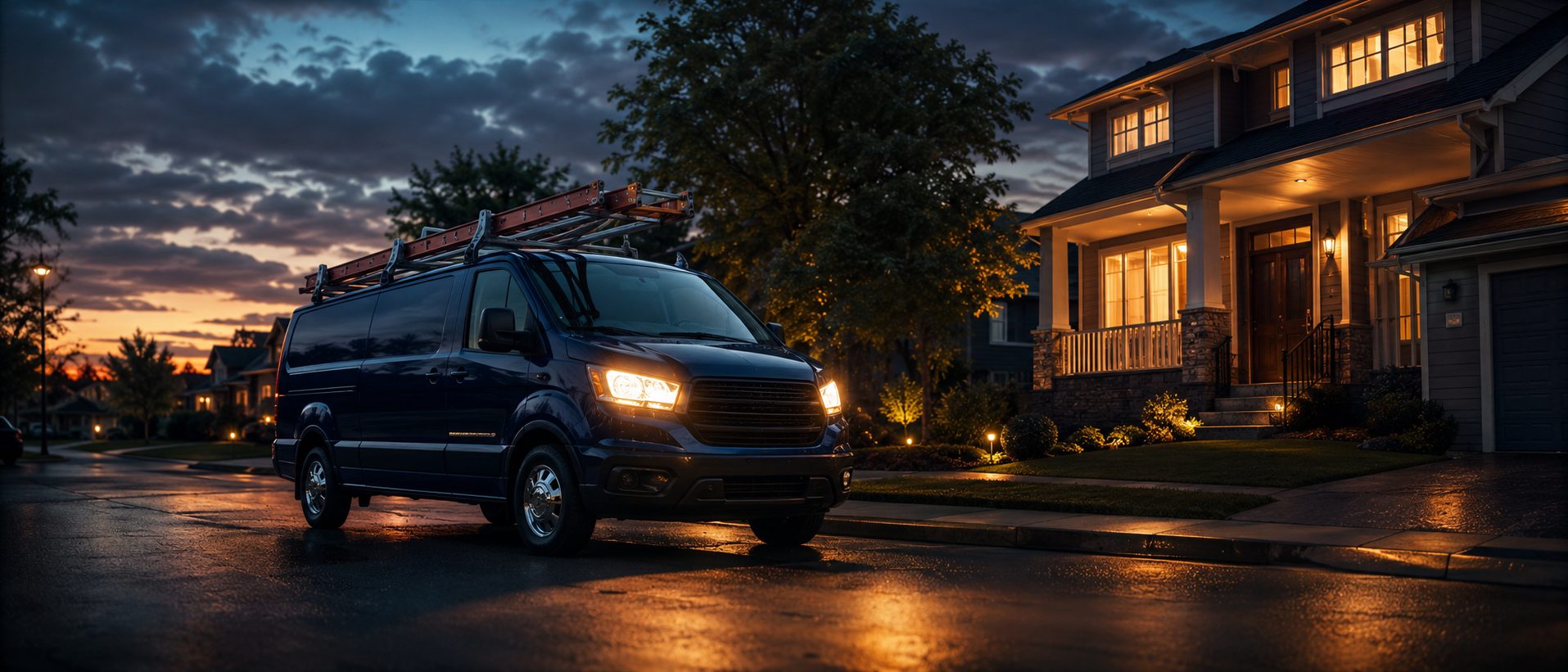 A plumbing service van parked outside a home at dusk