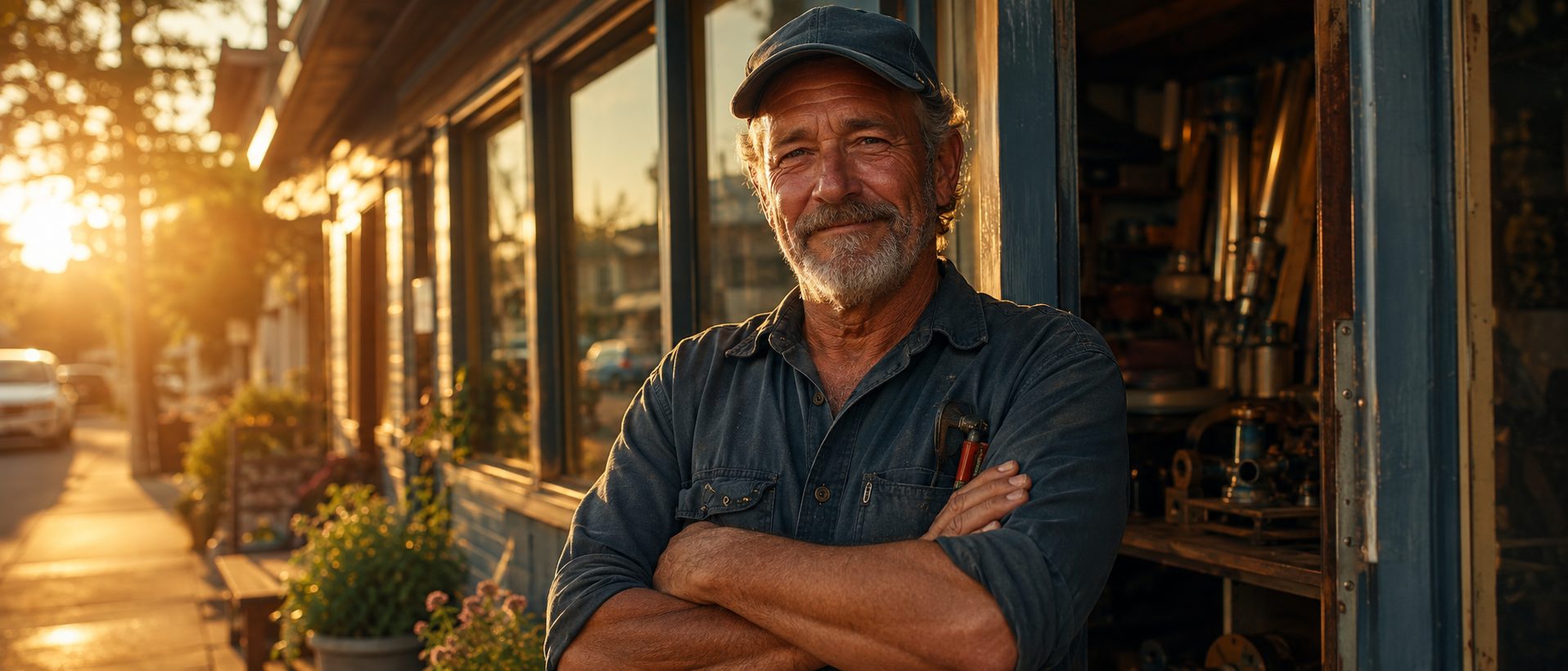 A veteran plumber outside his shop at golden hour